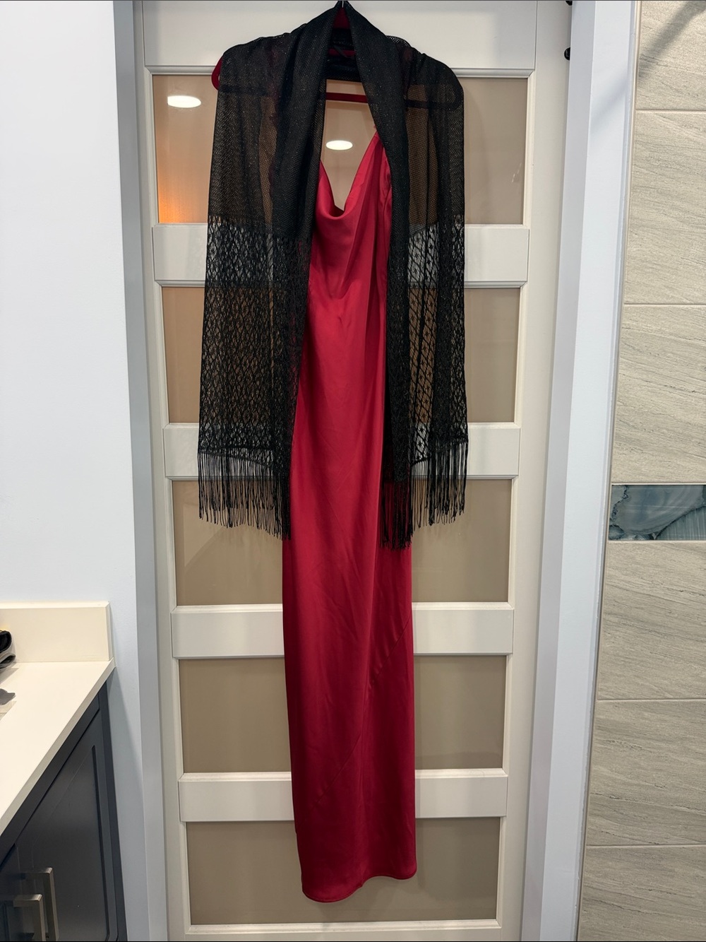Altar'd State Red Satin Cowl Neck Maxi Dress with Black Fringe Shawl